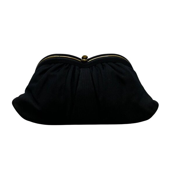 Vintage L And M Women’s Black Satin With Gold Frame & Pouch Evening Clutch - Picture 1 of 13